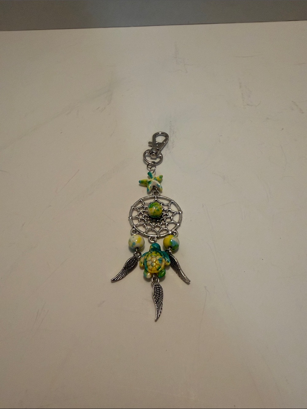Silver Dreamcatcher Keychain Charm with Green and Yellow Beads